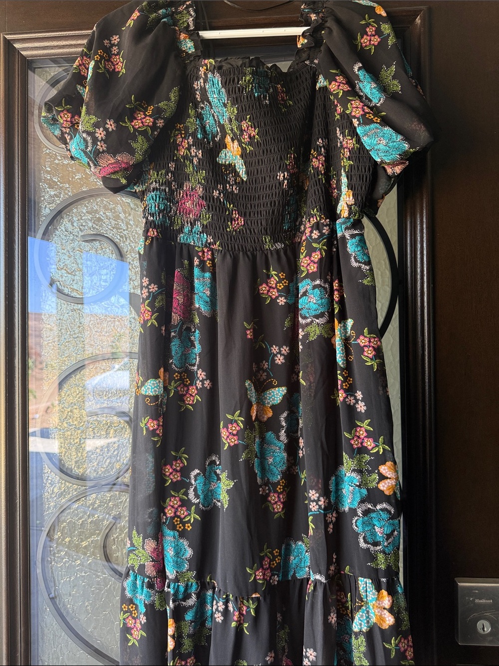 LC Lauren Conrad Black Floral Smocked Puff-Sleeve Midi Dress
